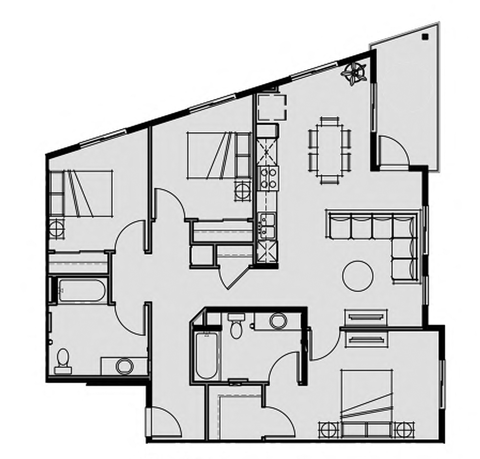 Floor plan for 3 beds, 2 baths, 1220 sqft